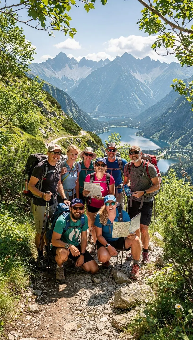 Panoramatický výhľad na Vysoké Tatry s horskými chatami a turistickými chodníkmi pod modrou oblohou. Detailná fotografia lanovky prepravujúcej turistov medzi horskými obcami v Tatrách. Pohľad na značenú turistickú trasu lemovanú farebnými stromami počas jesene vo Vysokých Tatrách. Záber na turistov prechádzajúcich cez horskú dedinu s tradičnou architektúrou a výhľadom na okolité štíty Tatier.