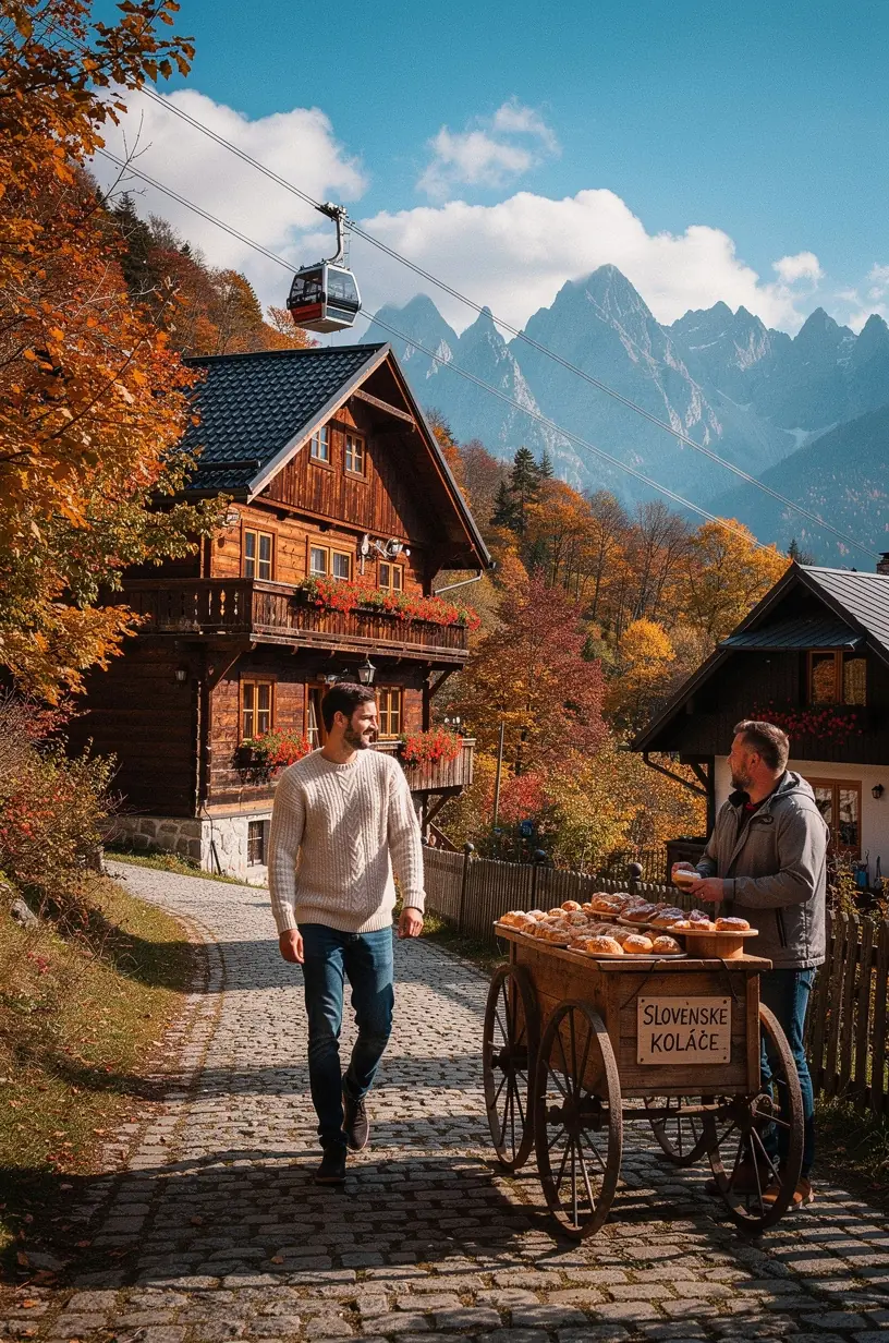 Panoramatický výhľad na Vysoké Tatry s horskými chatami a turistickými chodníkmi pod modrou oblohou. Detailná fotografia lanovky prepravujúcej turistov medzi horskými obcami v Tatrách. Pohľad na značenú turistickú trasu lemovanú farebnými stromami počas jesene vo Vysokých Tatrách. Záber na turistov prechádzajúcich cez horskú dedinu s tradičnou architektúrou a výhľadom na okolité štíty Tatier.